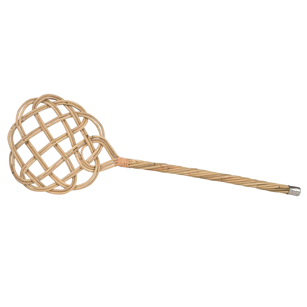 Handcrafted rattan reed carpet beater with an open woven design and long handle, an eco-friendly cleaning tool featured in Home & Decor and Household Cleaning collections.