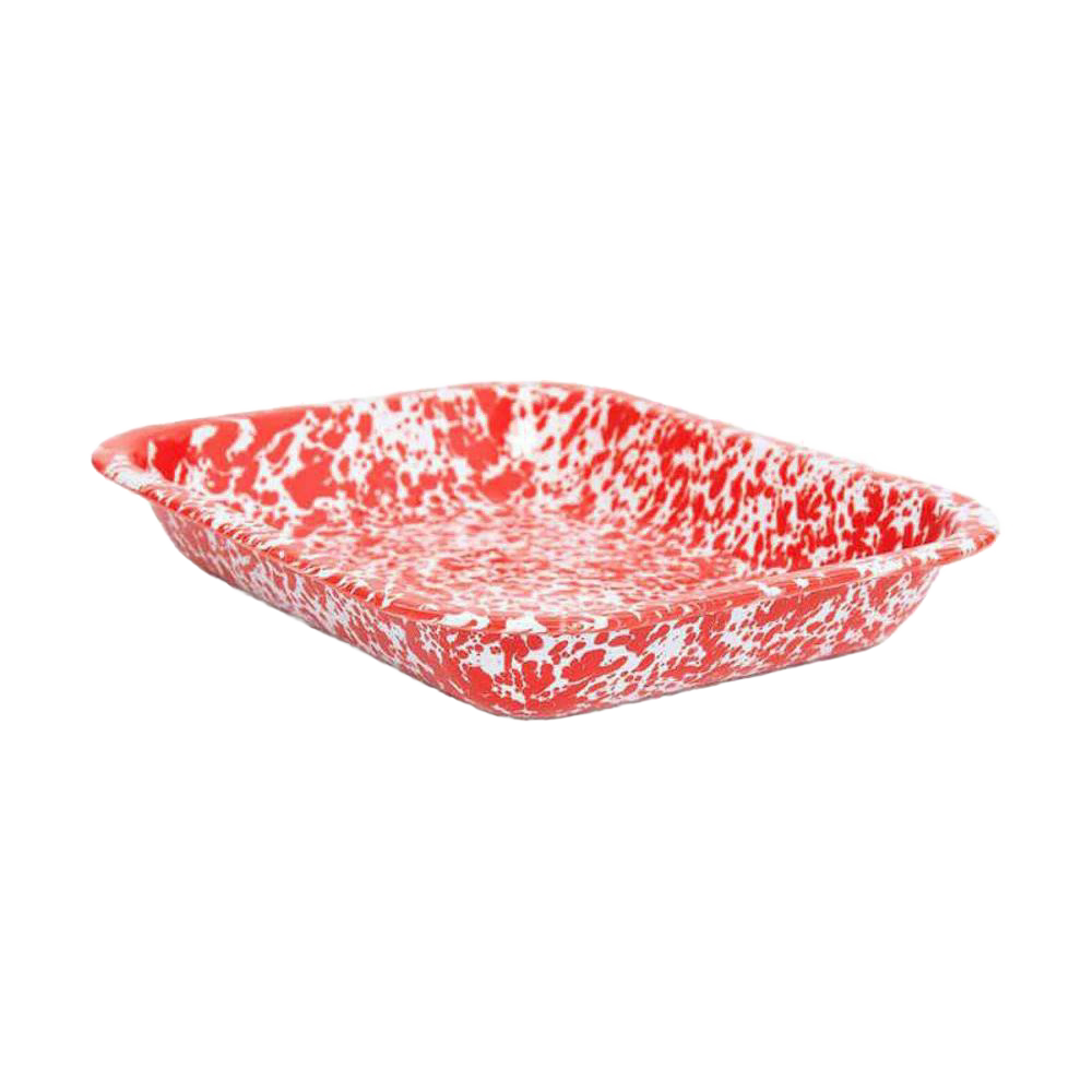 Small handcrafted red enamelware roasting pan with white splatter design, durable carbon steel, ideal for kitchen use in cookware, pots and pans, and best sellers collections.