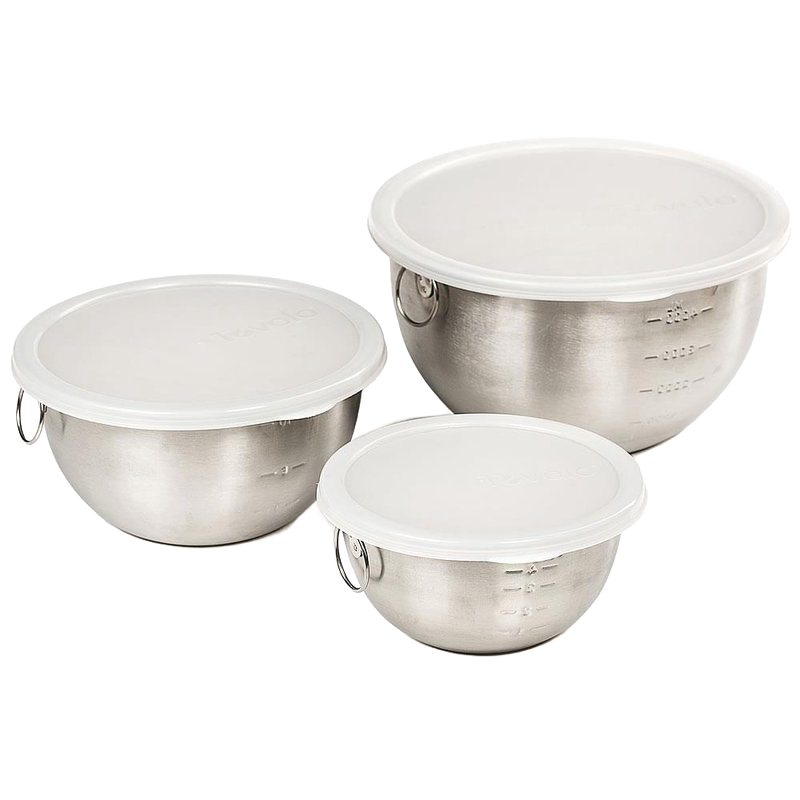Set of three stainless steel mixing bowls with measurement markings inside and snap-on white plastic lids, designed for Kitchen & Food, Storage and Serving, Best Sellers, and Promo Eligible collections.
