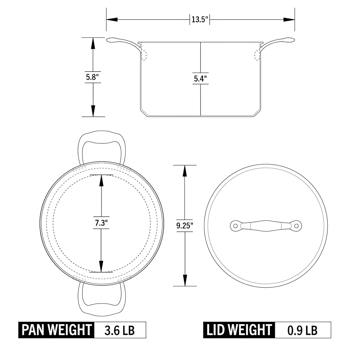 Technical drawing of a fully clad 5-quart sauce pot including top, side, and lid views, showing detailed dimensions and weight specifications for Kitchen & Food cookware collections.