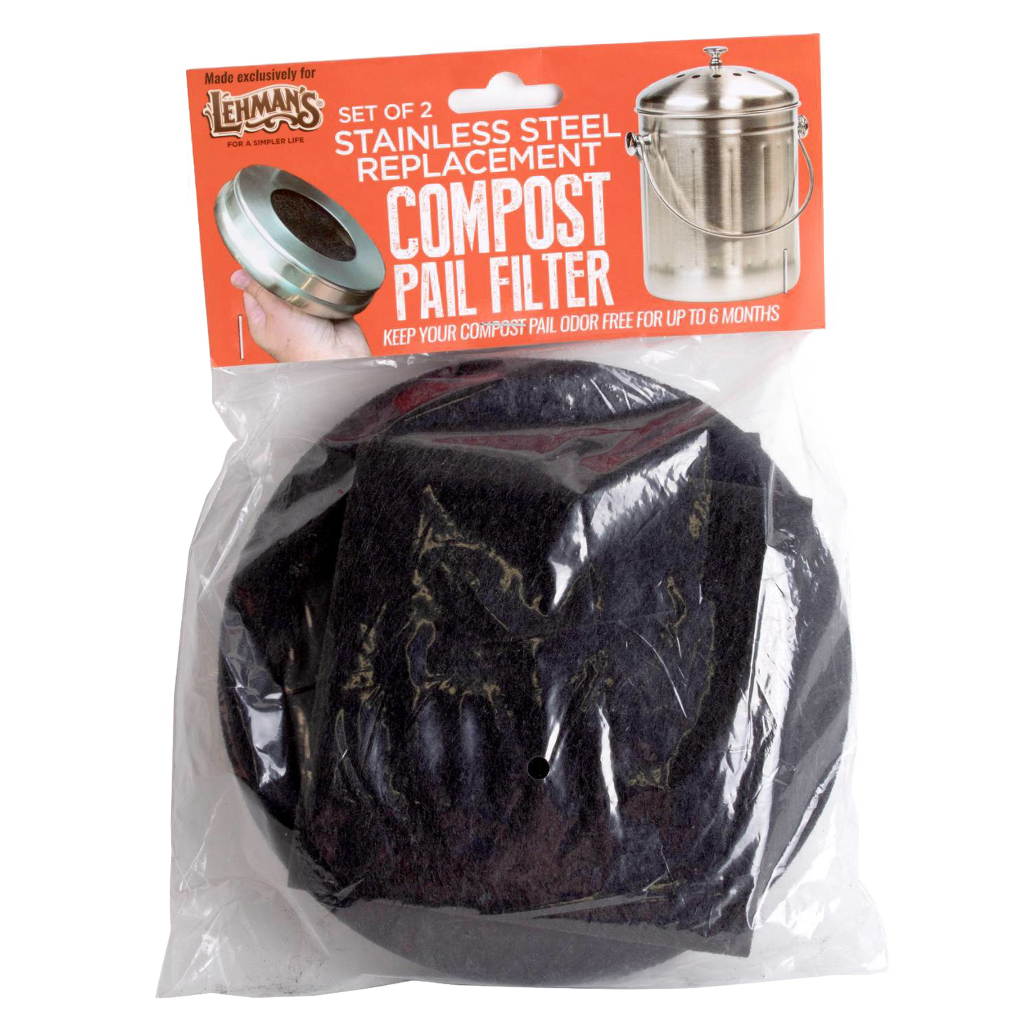 Two black replacement compost filters made from charcoal material, designed to fit stainless steel compost pails, ideal for Farm, Garden & Tool and Kitchen Accessories collections.