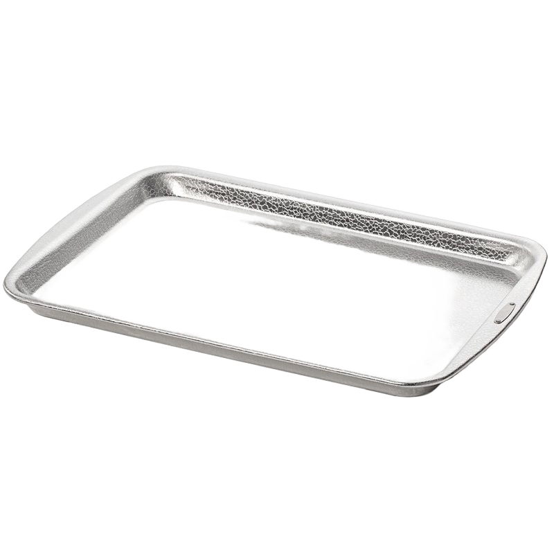 Silver textured baking pan made of heavy-gauge recycled aluminum with a pebble pattern for even browning and easy food release, ideal for kitchen and cookware collections.