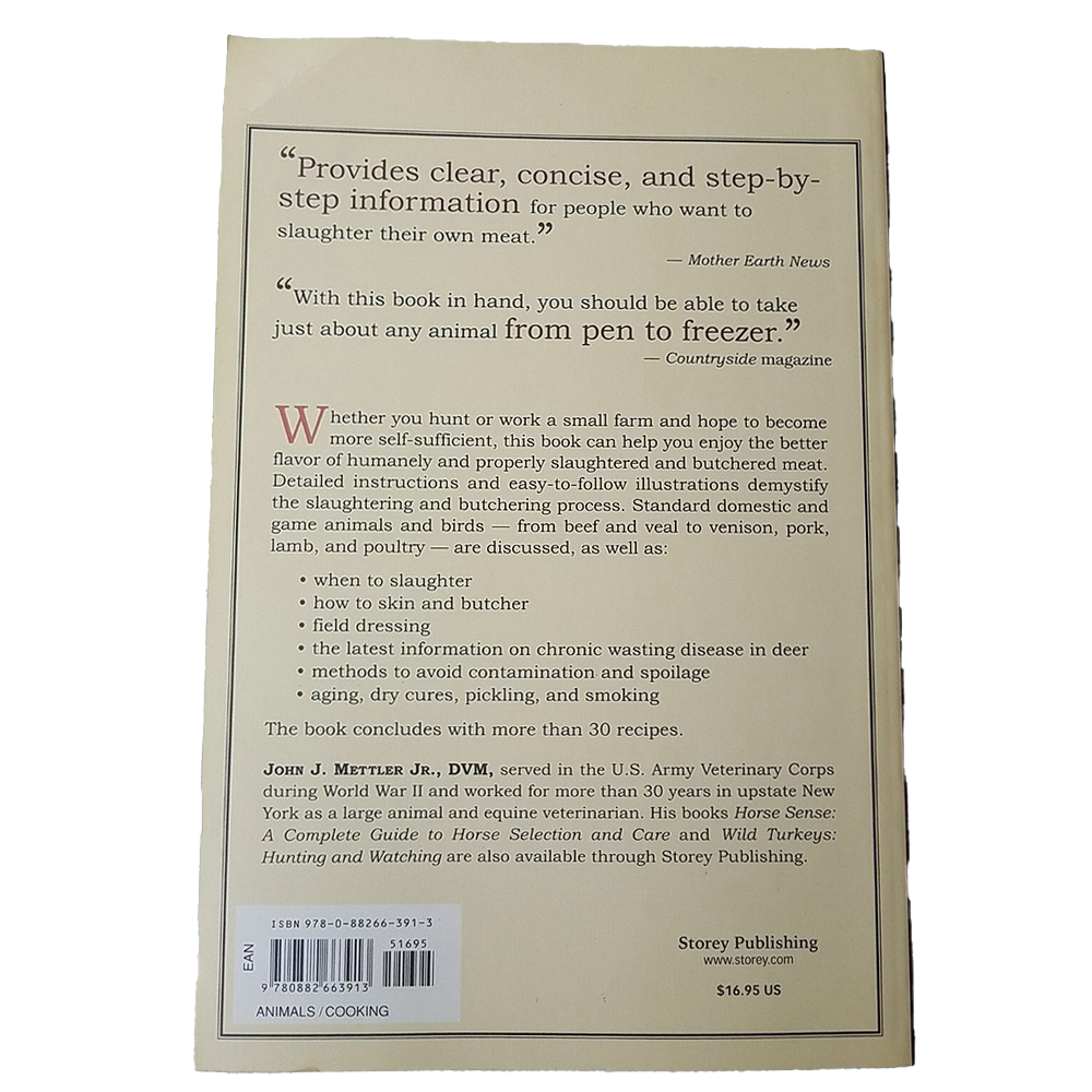 Back cover of a farm and livestock book featuring detailed descriptions of humane slaughter and butchering methods, field dressing, disease prevention, and recipes, part of Toys, Books & Games, Books, Farm and Livestock Books, Best Sellers, and Promo Eligible collections.