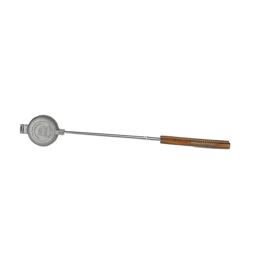 Handcrafted cast iron round pie iron with a metal handle and wooden grip, assembled in the USA, perfect for Farm, Garden & Tool, Camping, Best Sellers, and Promo Eligible collections.