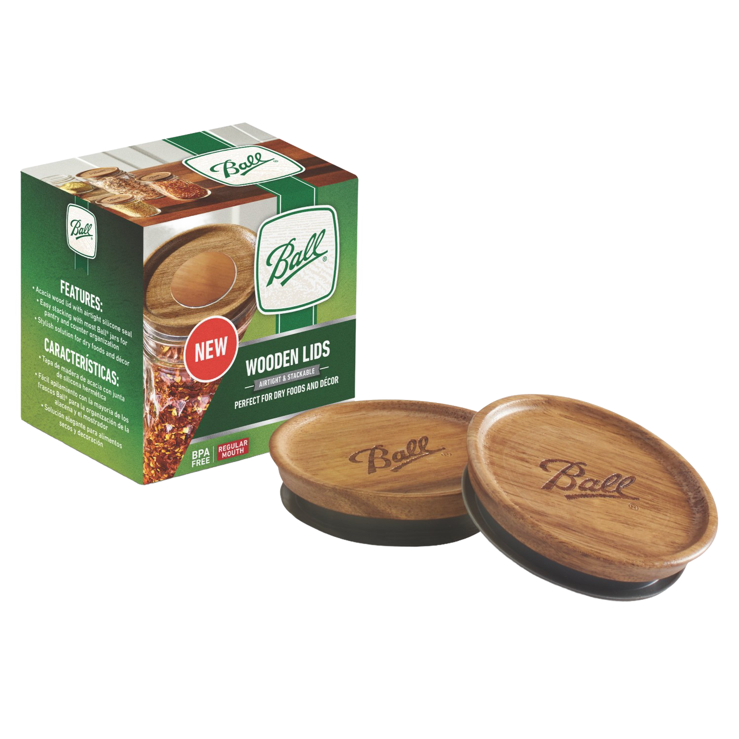 Set of two airtight acacia wood jar lids with Ball engraving, designed for regular mouth jars, ideal for pantry storage and kitchen decor in Kitchen & Food and Storage and Serving collections.