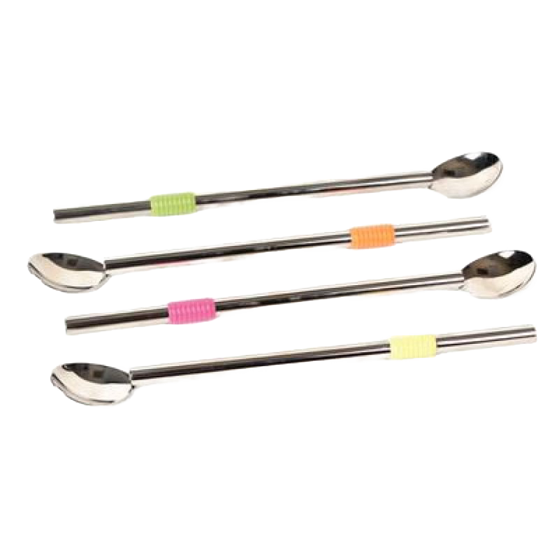 Set of four stainless steel spoon straws with colorful silicone grips in green, orange, pink, and yellow, designed for versatile use in Kitchen & Food, Dinnerware, and Best Sellers collections.