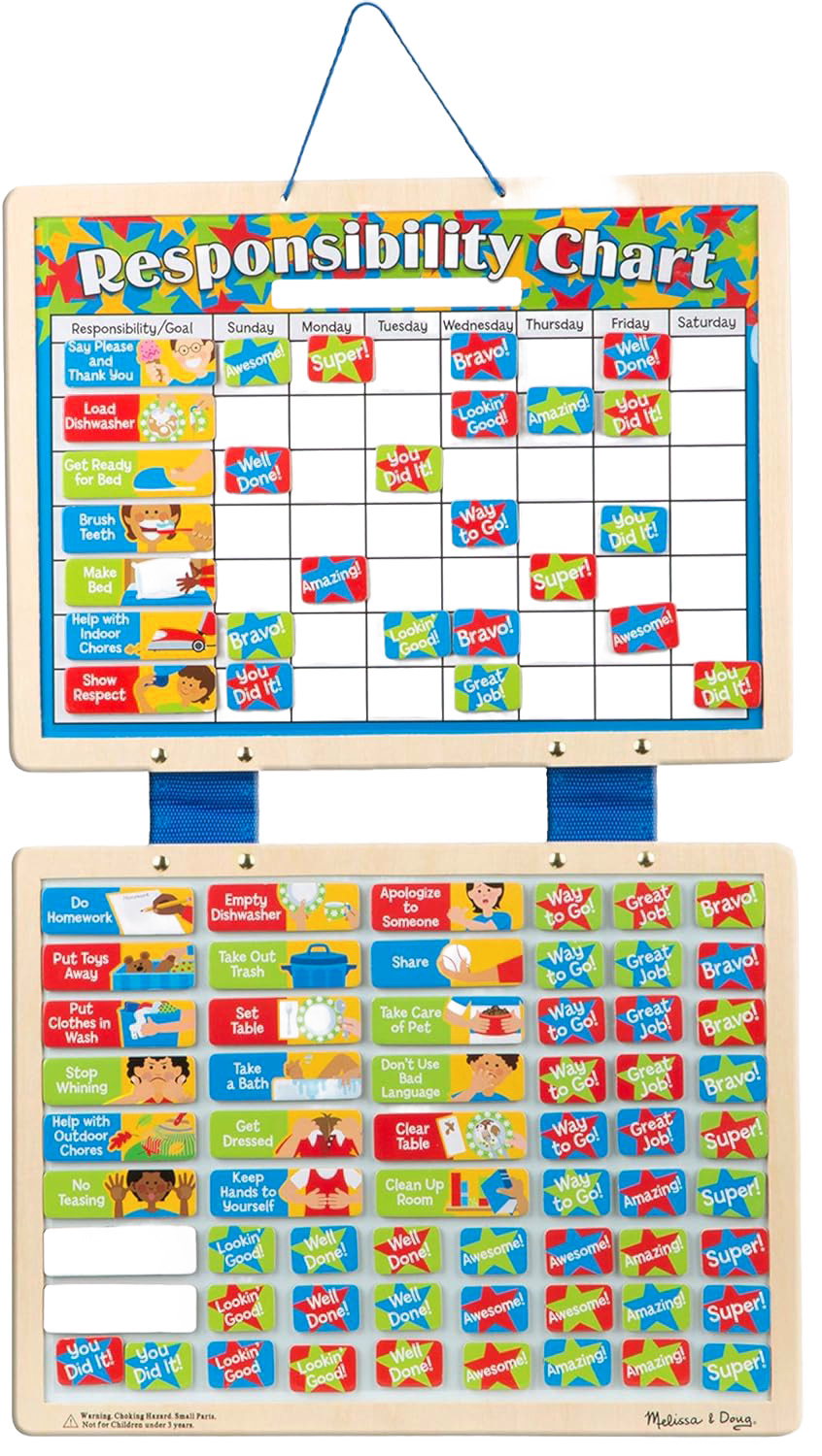 Handcrafted magnetic behavior chart with colorful illustrated magnets tracking daily child responsibilities and positive habits, designed for indoor play in children’s toys and best sellers collections.