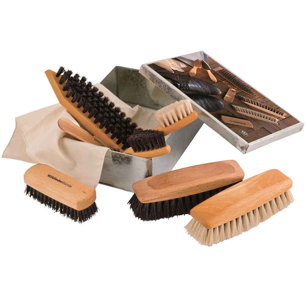 Wooden shoe care set featuring multiple brushes with natural bristles arranged beside a metal storage box and instruction booklet for cleaning and polishing footwear, ideal for cleaning utensils and best sellers collections.