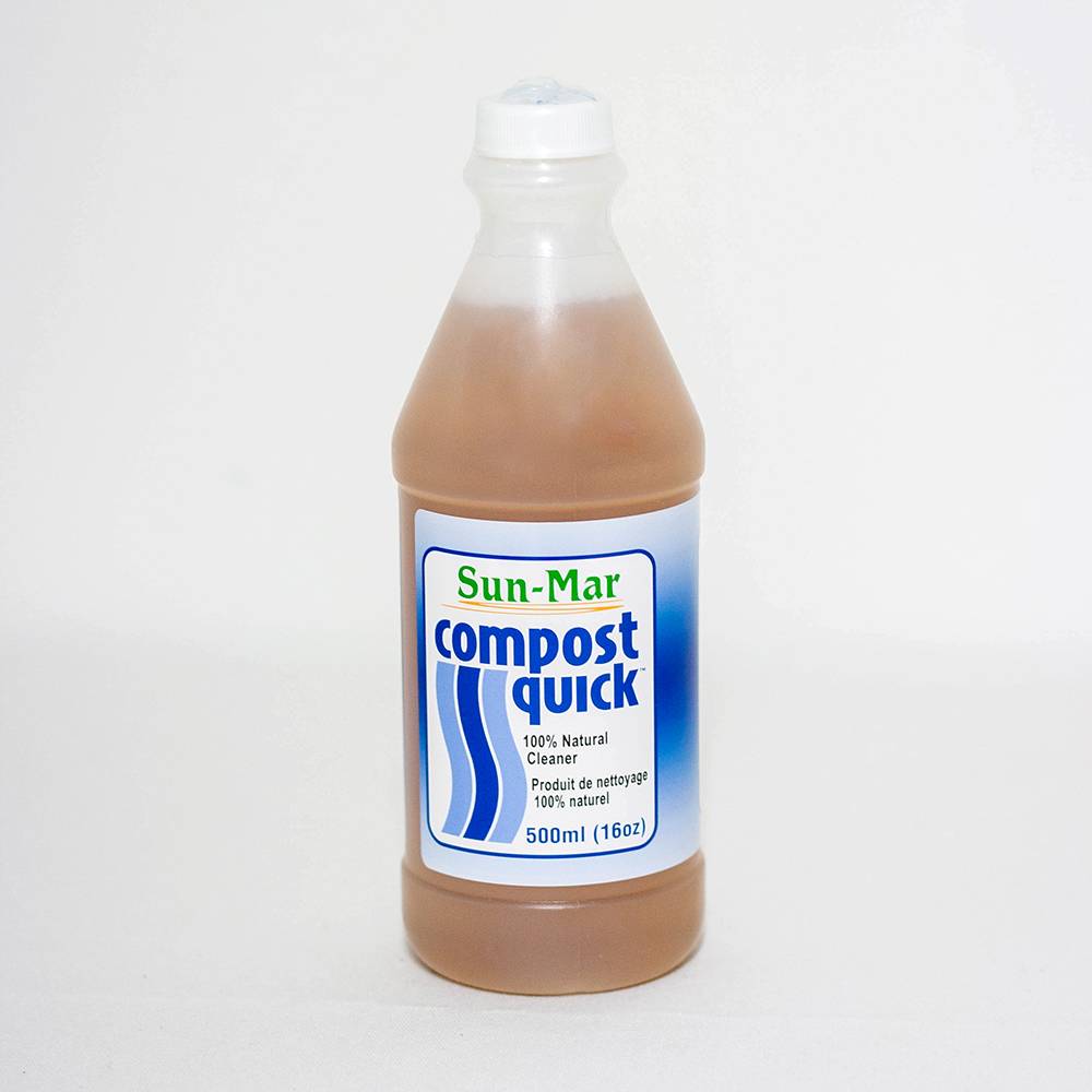 Bottle of natural compost cleaner labeled Compost Quick by Sun-Mar, 500ml, designed for maintaining composting toilets, featured in Appliances and Composting Toilets collections.