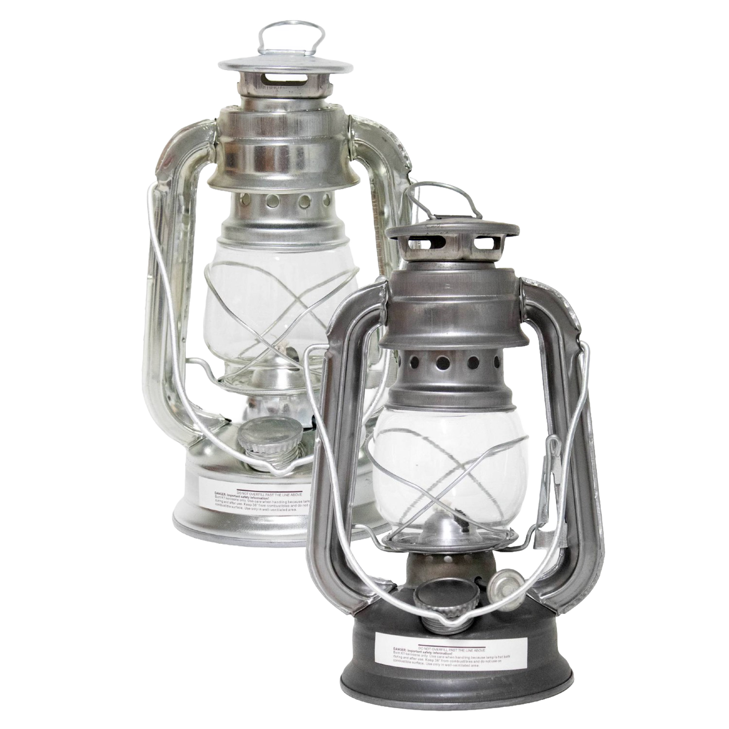 Two galvanized metal lanterns with clear glass globes and protective wire frames, designed for durable, wind-resistant lighting in camping, garden, and emergency use.