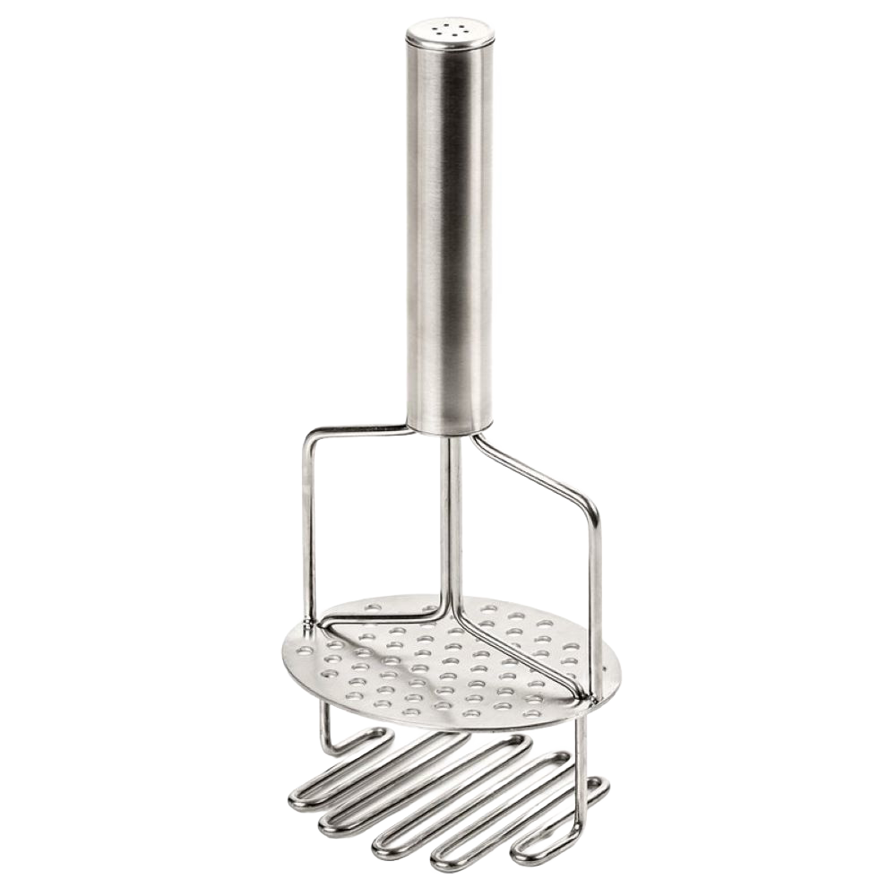 Stainless steel dual potato masher and ricer with spring-loaded handle, designed for smooth mashed potatoes; featured in Kitchen & Food, Kitchen Gadgets, and Best Sellers collections.