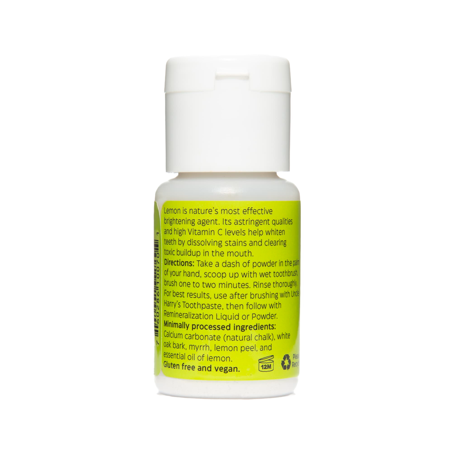 White plastic bottle with a bright yellow label describing natural lemon-based ingredients and usage instructions for handcrafted tooth whitener powder, featured in Health & Wellness, Grooming and Personal Hygiene, USA Made, and Best Sellers collections.