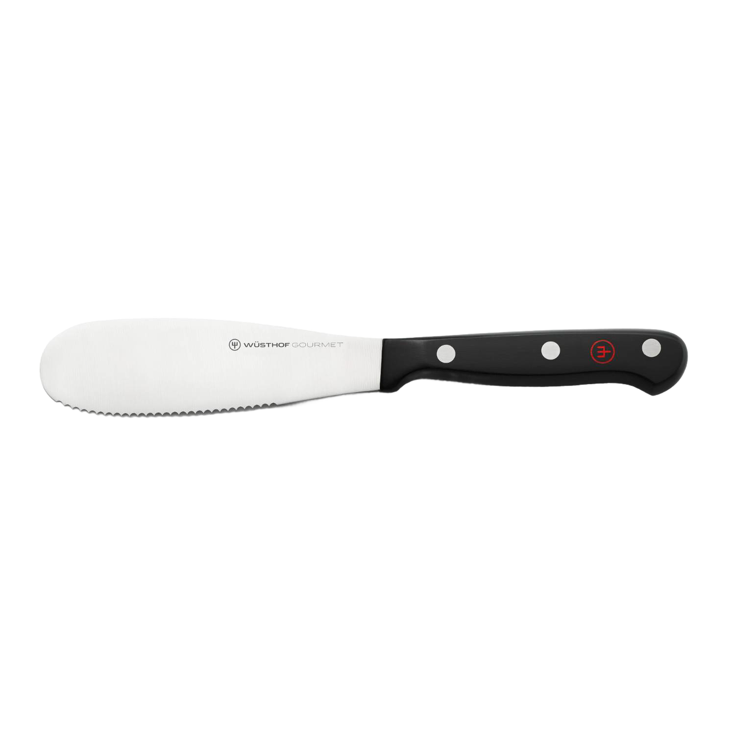 Sharp-edged 5-inch spreader knife with laser-cut serrated blade and black triple-riveted handle, ideal for spreading and cutting bread, cheese, and spreads in Kitchen & Food and Farm, Garden & Tool collections.