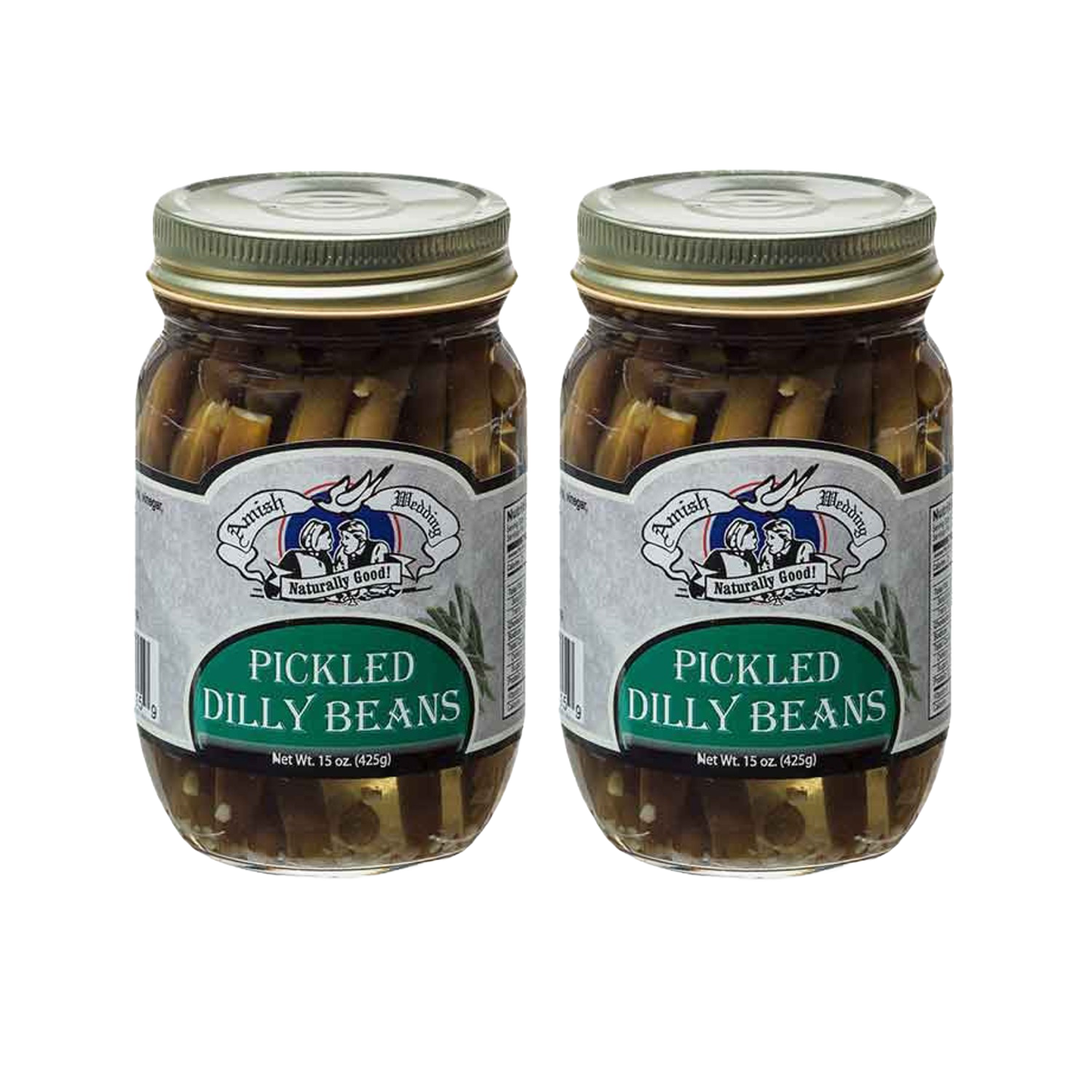 Two jars of handcrafted pickled dilly beans with metal lids, featuring Amish-style labeling; a USA made pantry favorite in Kitchen & Food and Best Sellers collections.