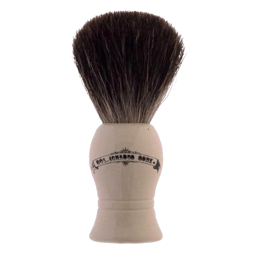 Standard shaving brush featuring a smooth cream plastic handle and soft dark badger hair bristles, ideal for grooming and personal hygiene in Health & Wellness collections.