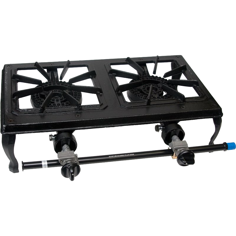 Two-burner sturdy cast iron LP cooker with separate control knobs and durable burner grates, designed for reliable outdoor cooking in farm, garden, camping, and cookware collections.