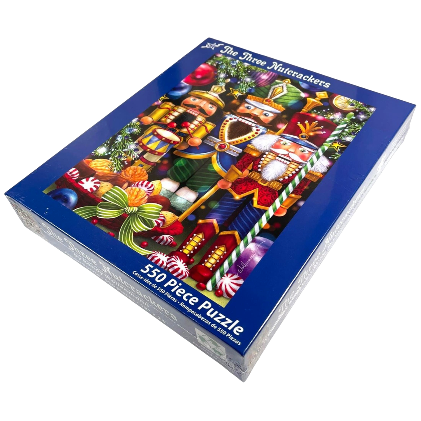 Box featuring a colorful 550-piece holiday puzzle with three detailed nutcracker figures surrounded by festive decorations, included in Toys, Books & Games and Best Sellers collections.