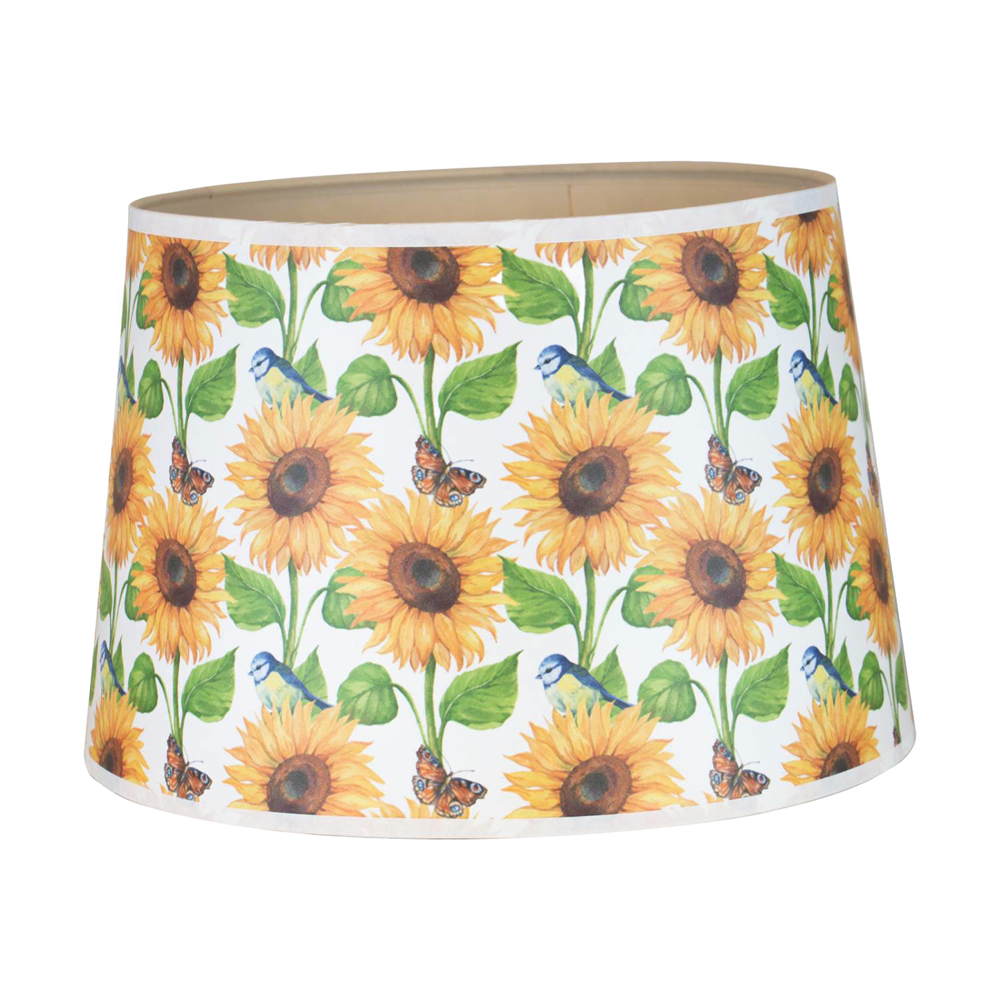 Parchment lamp shade decorated with vibrant sunflowers, green leaves, blue birds, and butterflies, crafted for Lamps & Lighting and Lamp Shades collections.