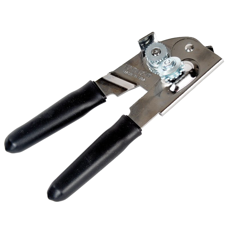 Heavy gauge chromed steel can opener with black rubberized grips for comfortable use, handcrafted in the USA, featured in Kitchen Gadgets, Kitchen Accessories, and Best Sellers collections.