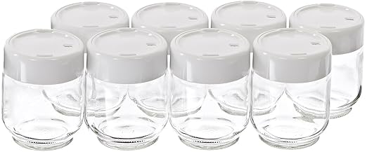 Set of eight clear glass yogurt jars with white plastic screw-on lids featuring a date-saver, ideal for homemade yogurt, featured in Kitchen & Food, Specialty Equipment, and DIY Cheese collections.
