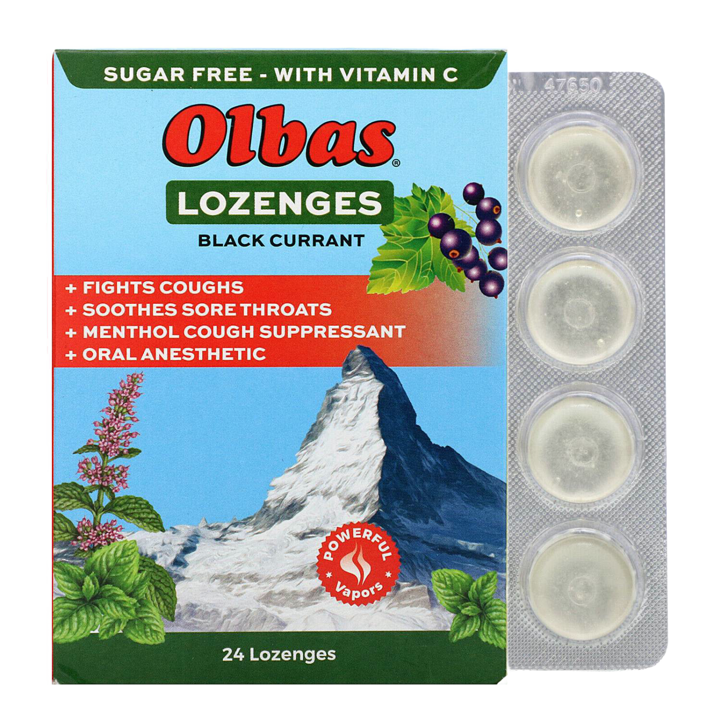 Box of sugar-free black currant cough lozenges with blister pack showing four clear lozenges, featured in Health & Wellness, Health Remedies, Best Sellers, and Promo Eligible collections.