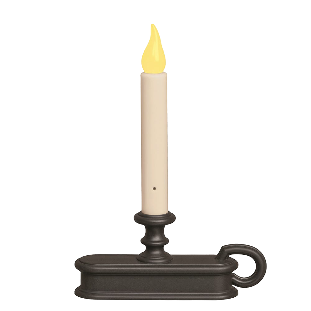 Handcrafted 2-in-1 cordless LED candle with switchable amber and warm white flame colors, featuring a matte black metal holder with loop handle, ideal for Home & Decor and Holiday collections.