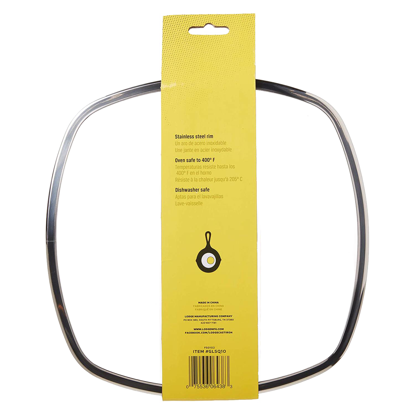 Square tempered glass lid with stainless steel rim and yellow product label detailing oven and dishwasher safety, suitable for Kitchen & Food, Cookware, Cast Iron, and Best Sellers collections.