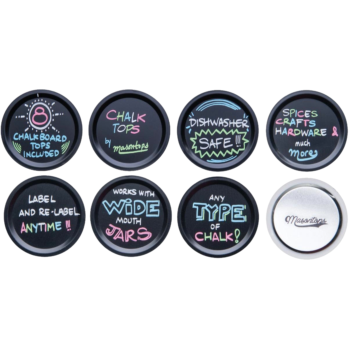 Set of eight reusable black chalkboard lids featuring colorful handwritten messages highlighting uses with wide mouth jars, dishwasher safety, and labeling versatility; ideal for Home & Decor, Best Sellers, and Promo Eligible collections.