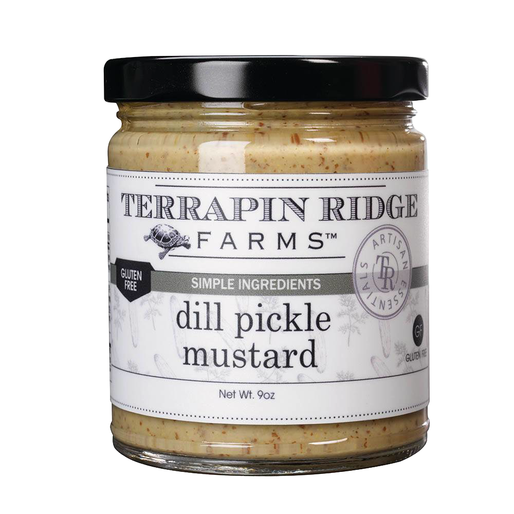 Glass jar of handcrafted dill pickle mustard with black lid, gluten-free label, and simple ingredients branding, featured in Kitchen & Food and Gluten Free collections.