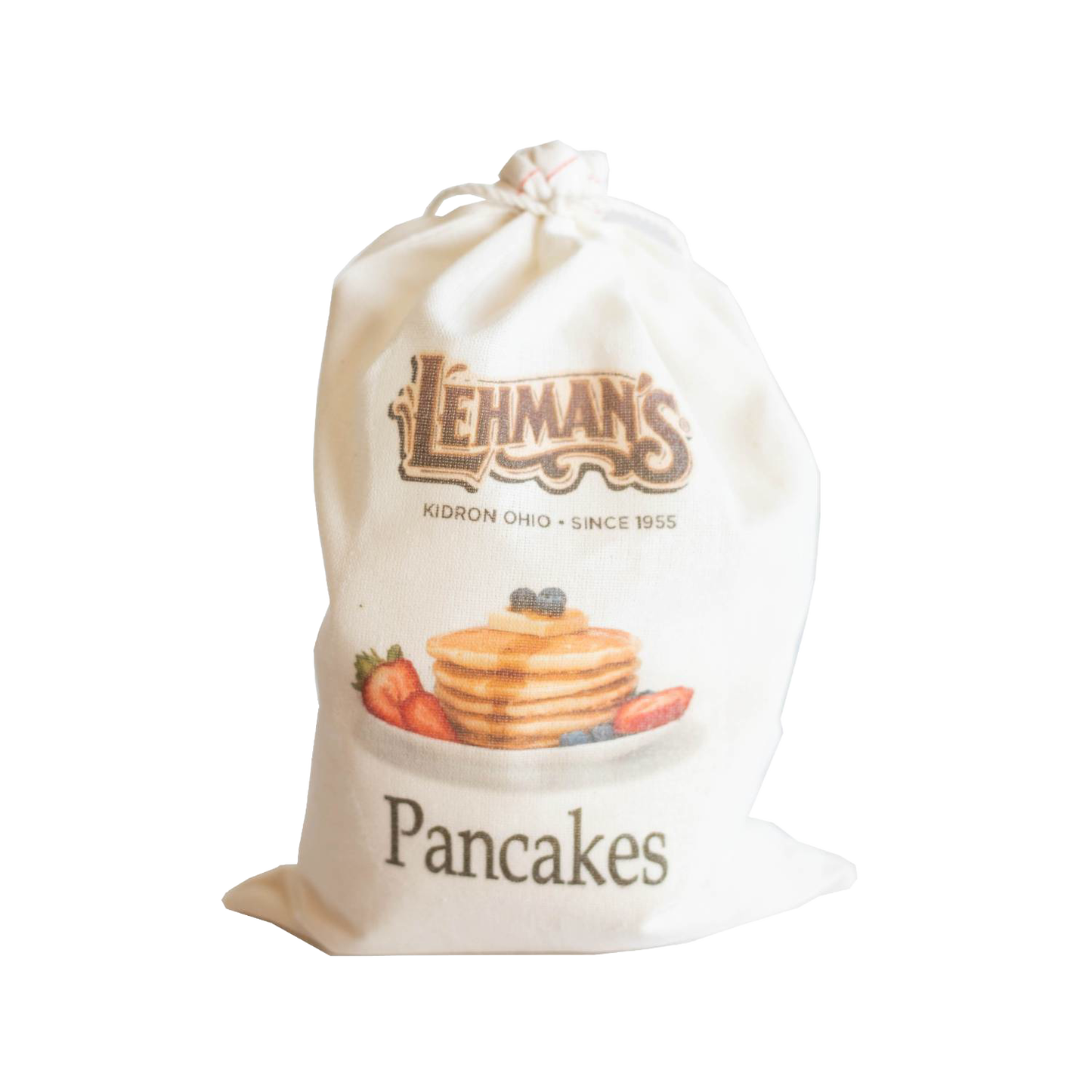 Natural fabric drawstring bag of handcrafted Lehman’s pancake mix, showing an illustration of a stack of pancakes with strawberries and blueberries, ideal for Kitchen & Food, Pantry, Dry Goods and Mixes, Best Sellers, and Promo Eligible collections.
