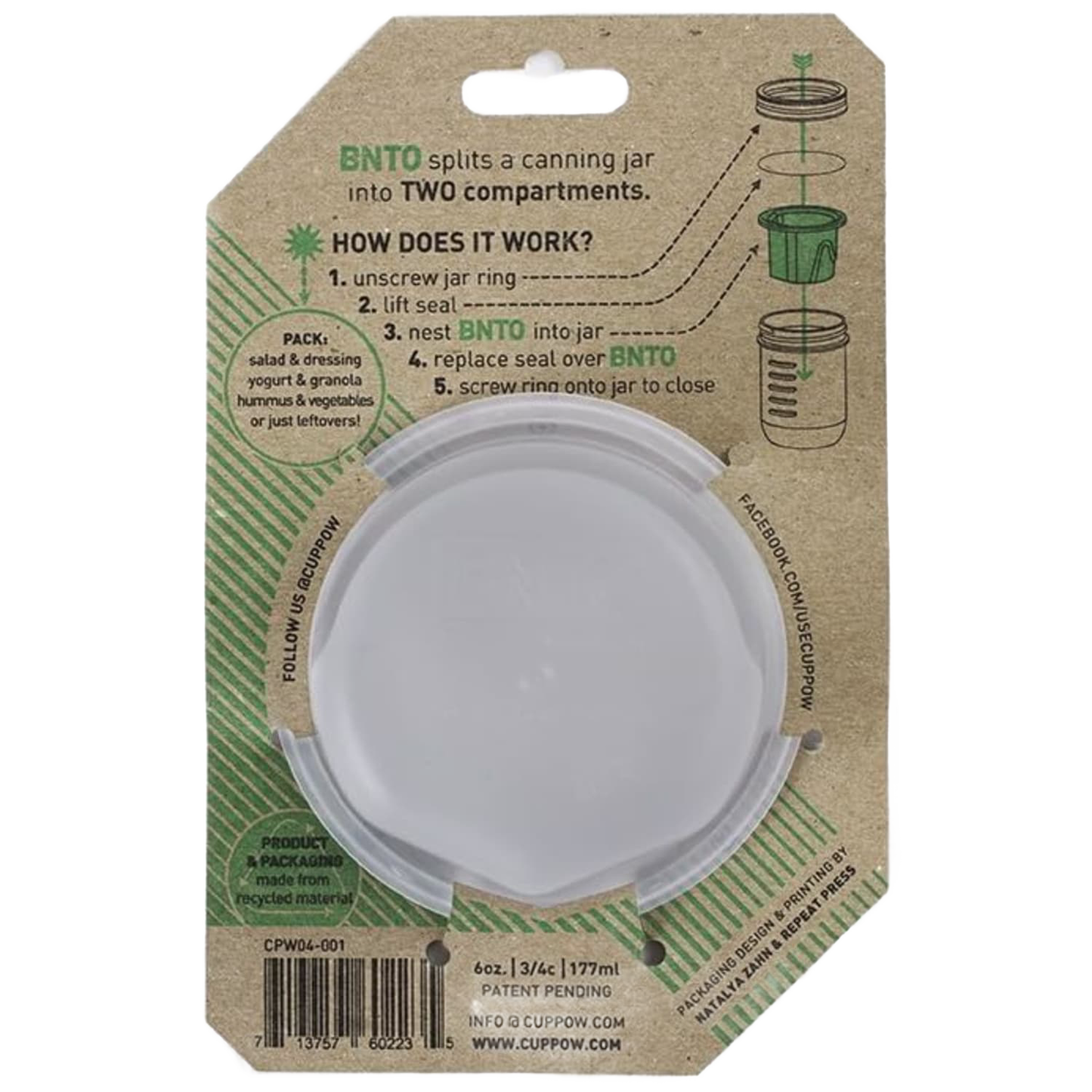 White wide-mouth plastic divider designed to create two separate compartments inside a canning jar, handcrafted and made in USA, ideal for Kitchen Gadgets, Kitchen & Food, and Storage collections.