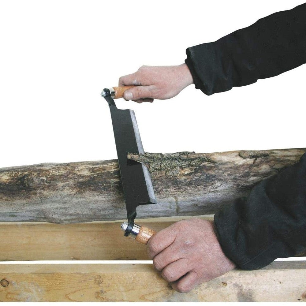 Handcrafted draw shave with solid #45 steel blade and wooden handles, removing bark from a log, designed for fast, precise bark removal in Farm, Garden & Tool, Wood Cutting and Hauling, and Best Sellers collections.