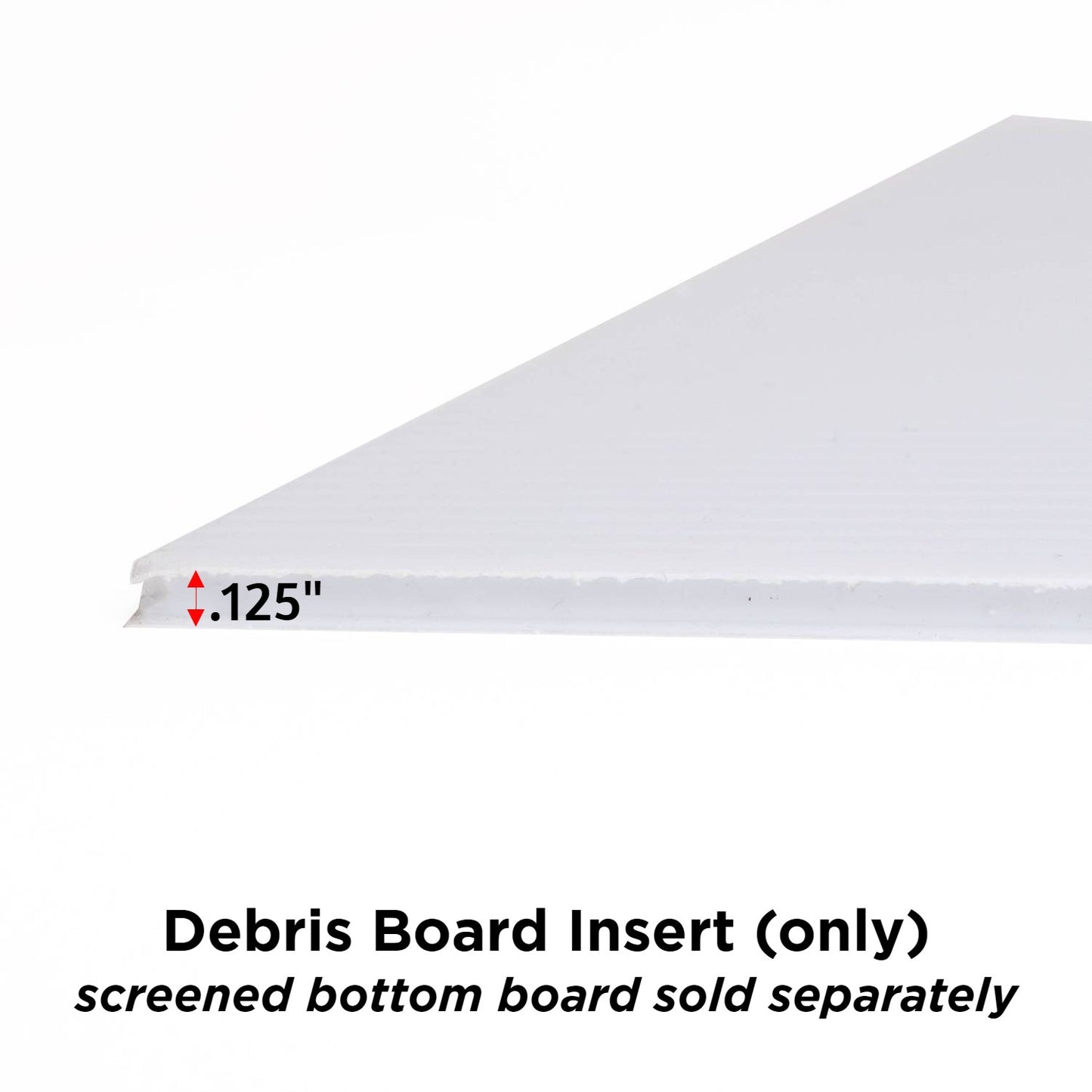 Handcrafted white Coroplast debris board insert measuring 0.125 inches thick, designed to slide into 10-frame screen bases, made in USA and Amish crafted for beekeeping use.
