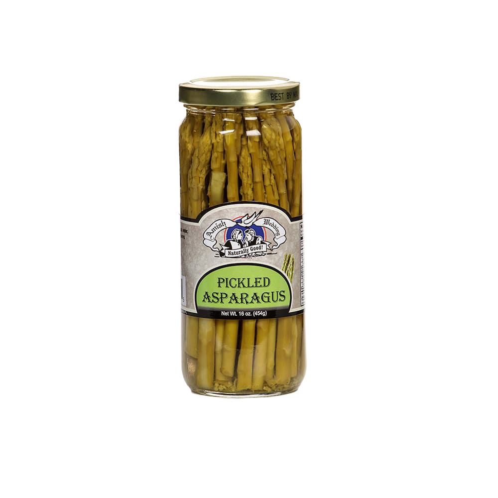 Glass jar of handcrafted pickled asparagus, made in USA with simple ingredients, offering a tangy flavor perfect for Kitchen & Food, Pantry, USA Made, Best Sellers, and Promo Eligible collections.