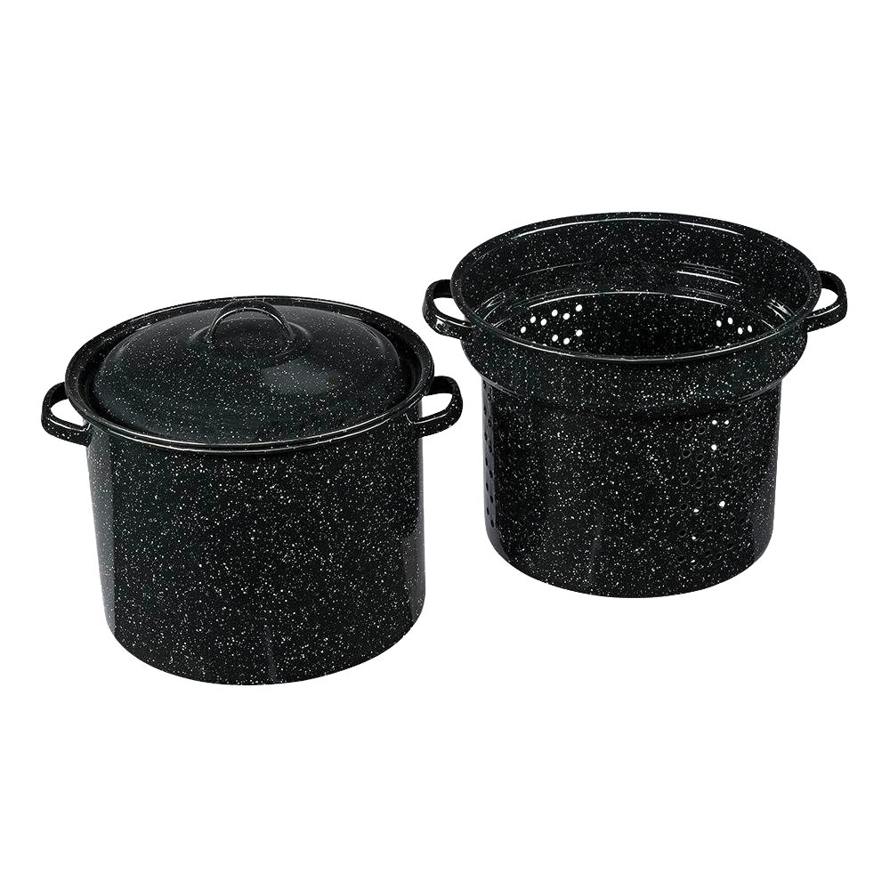Black speckled enamelware blancher set with pot, lid, and perforated insert, designed for even heating and easy vegetable blanching, featured in Kitchen & Food and Cookware collections.