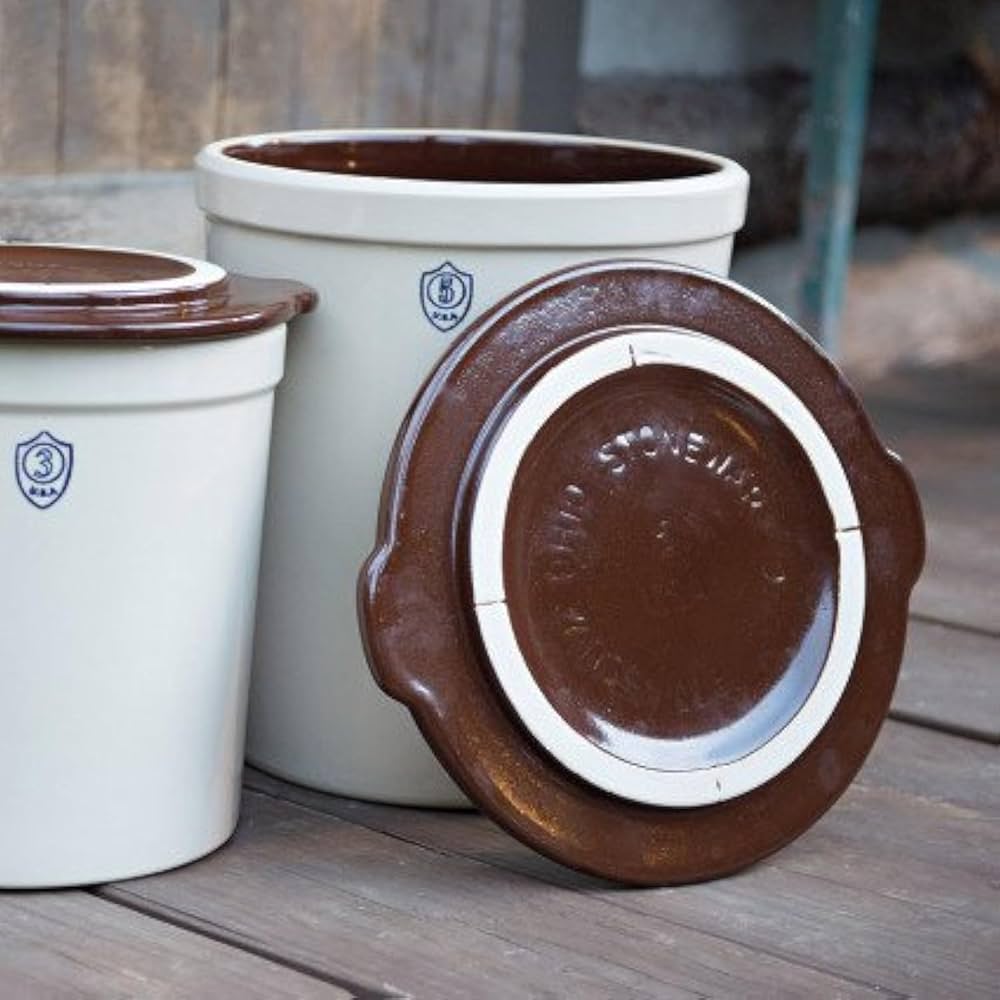 Handcrafted stoneware crock cover in cream with brown glaze accents and side handles, made in USA, ideal for Kitchen & Food Preservation, Fermenting and Pickling collections.