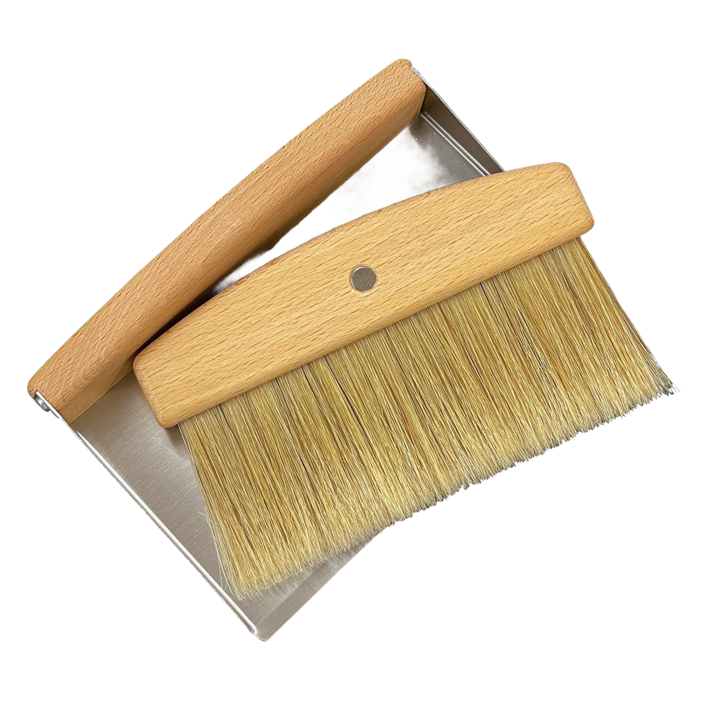 Magnetic brush and stainless steel dustpan with beechwood handles, designed for convenient tabletop cleaning, part of Home & Decor, Household Cleaning, and Best Sellers collections.