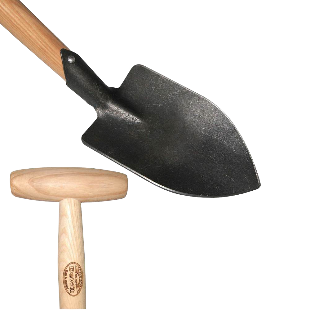 Small-sized digging shovel with a sharp, sturdy black blade and a natural wood T-handle, designed for comfortable use in Farm, Garden & Tool, Digging and Cultivating, and Garden Accessories collections.