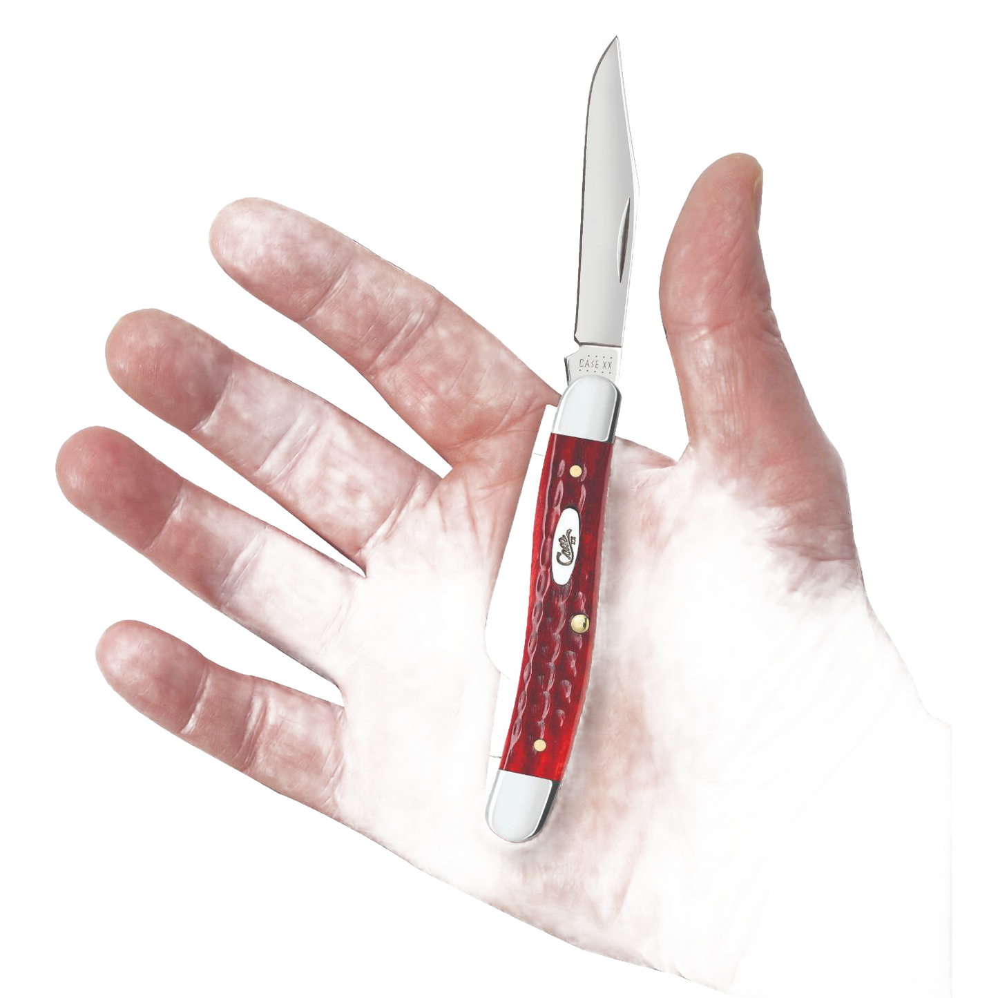 Handheld traditional medium stockman pocket knife with a red bone handle, handcrafted in the USA, featured in Farm, Garden & Tool, Hand Tools and Hardware, and Knives & Axes collections.