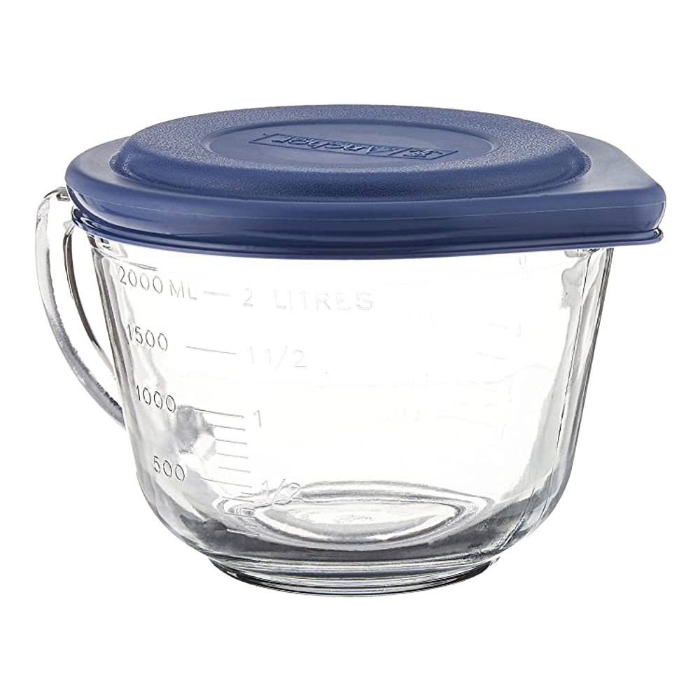 Clear heavy-duty glass mixing bowl with embossed measurements, sturdy handle, and fitted blue lid, handcrafted in USA, ideal for Kitchen & Food, Cookware, Baking Supplies, Storage and Serving, Best Sellers.