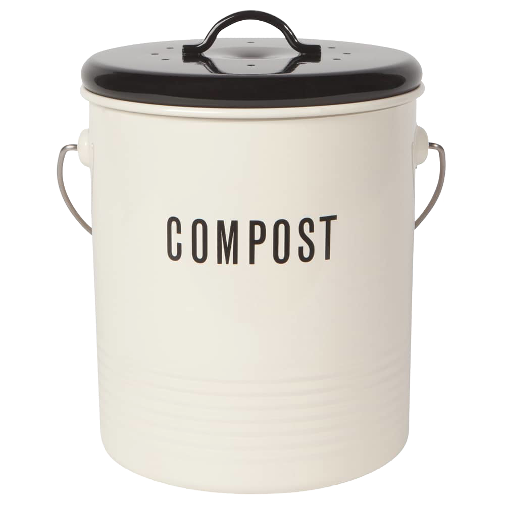 Cream-colored vintage-style compost bin with black lid and stainless steel handle, featuring bold black lettering, ideal for kitchen composting and farm, garden, and tool use.