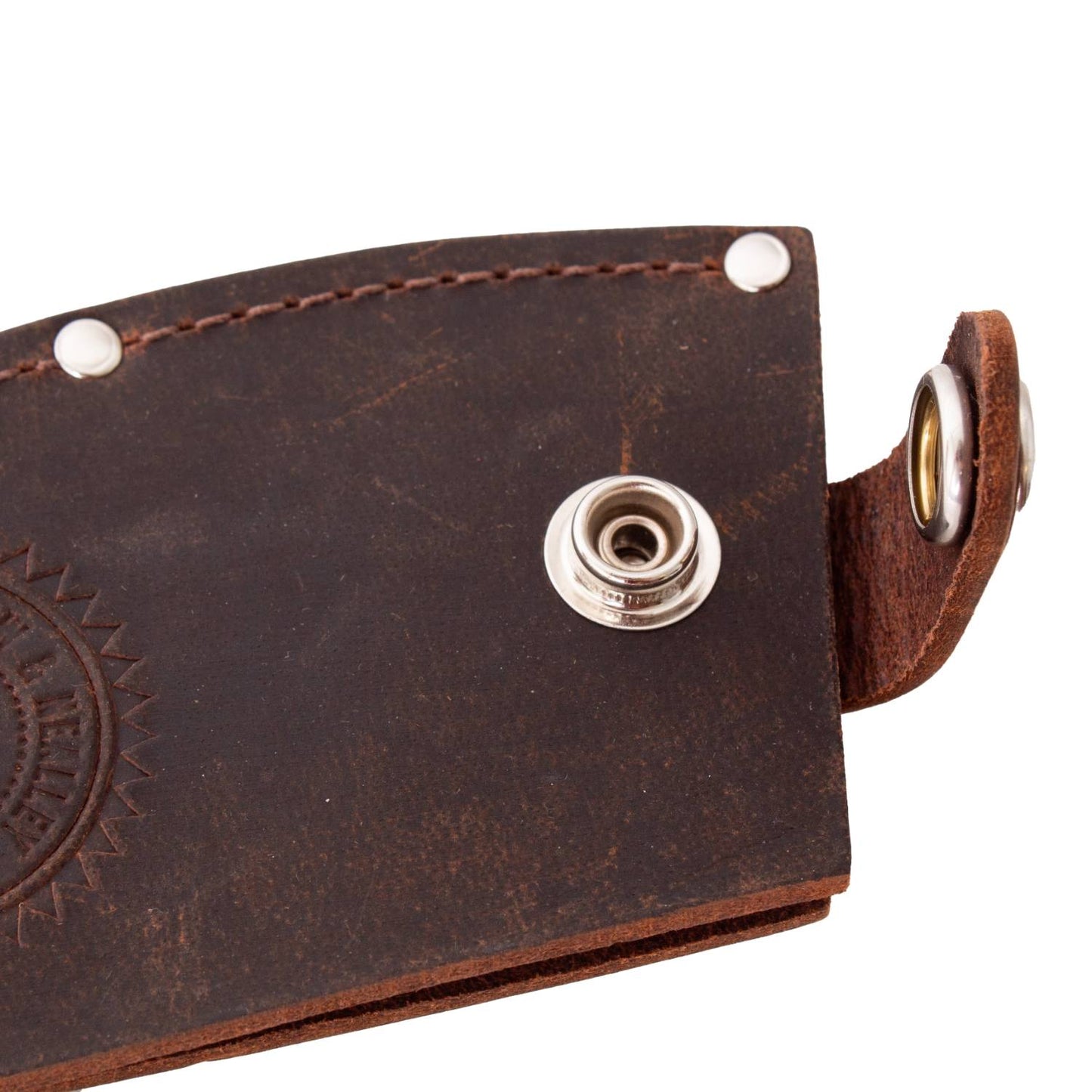 Handmade full-grain leather axe blade guard with metal snap closure, designed for durability and protection, part of Farm, Garden & Tool, Knives & Axes, USA Made, and Amish Made collections.
