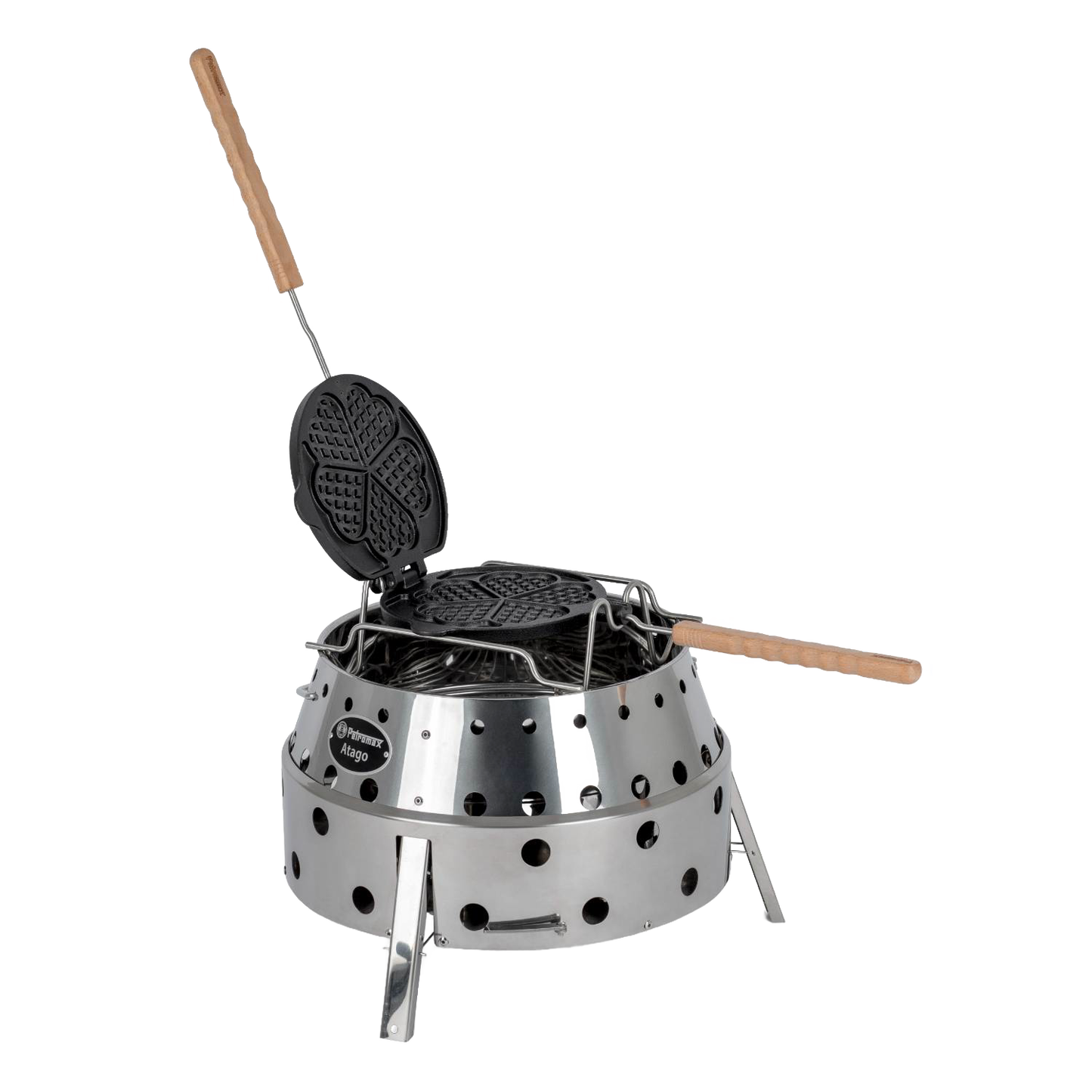Stainless steel campfire stand with handcrafted cast iron rotating waffle iron featuring wooden handles, designed for easy flipping and outdoor cooking, ideal for Farm, Garden & Tool, Camping, Best Sellers, and Promo Eligible collections.