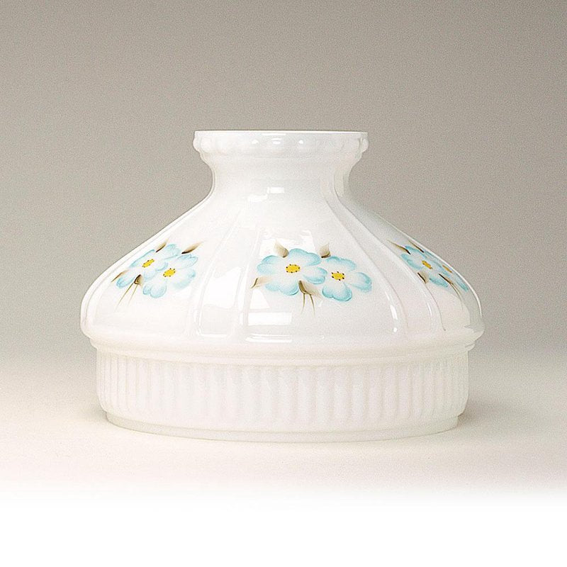 Handcrafted white glass lamp shade featuring delicate blue dogwood flowers with yellow centers, designed for lamps and lighting, parts and accessories, and best sellers collections.