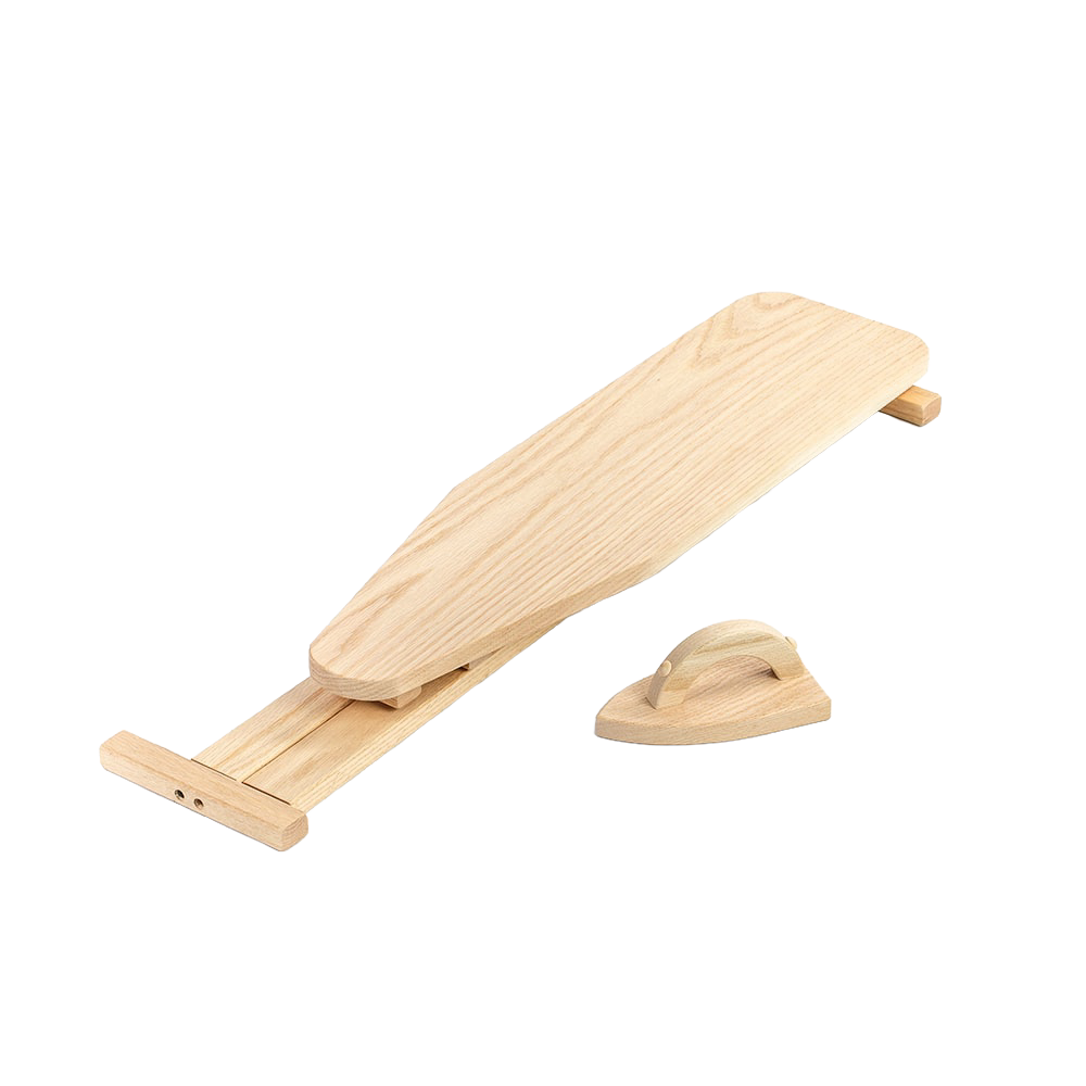 Handcrafted Amish-made wooden toy ironing board and iron set made of smooth unfinished oak, perfect for indoor play and children's wooden toys collections.