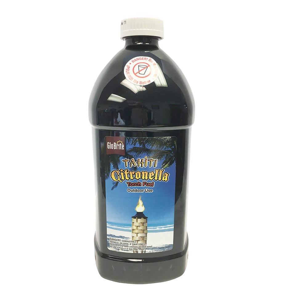 Black plastic bottle of citronella torch fuel with tropical beach and stone torch label, designed for outdoor use in pest control, camping, garden, and emergency lighting collections.
