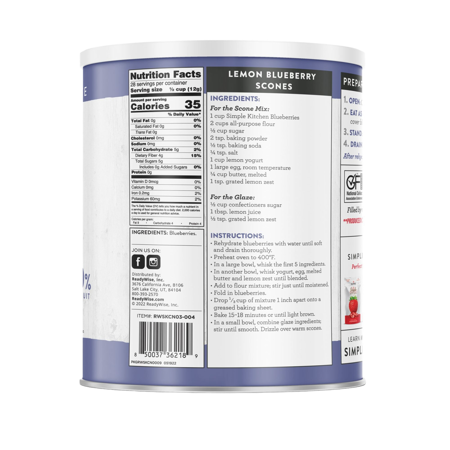 Back view of a #10 can of handcrafted freeze-dried blueberries with nutrition facts, ingredients, and lemon blueberry scone recipe, featured in Farm, Garden & Tool, Kitchen & Food, Emergency Supplies, Food, Freeze Dried, USA Made, Best Sellers, and Promo Eligible collections.