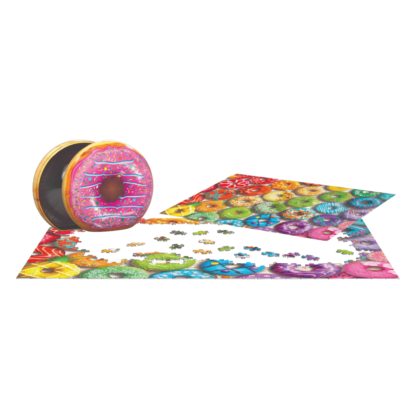 Brightly colored jigsaw puzzle pieces forming a rainbow donut collage next to an embossed metal tin shaped like a frosted donut, ideal for children's toys and puzzles collections.