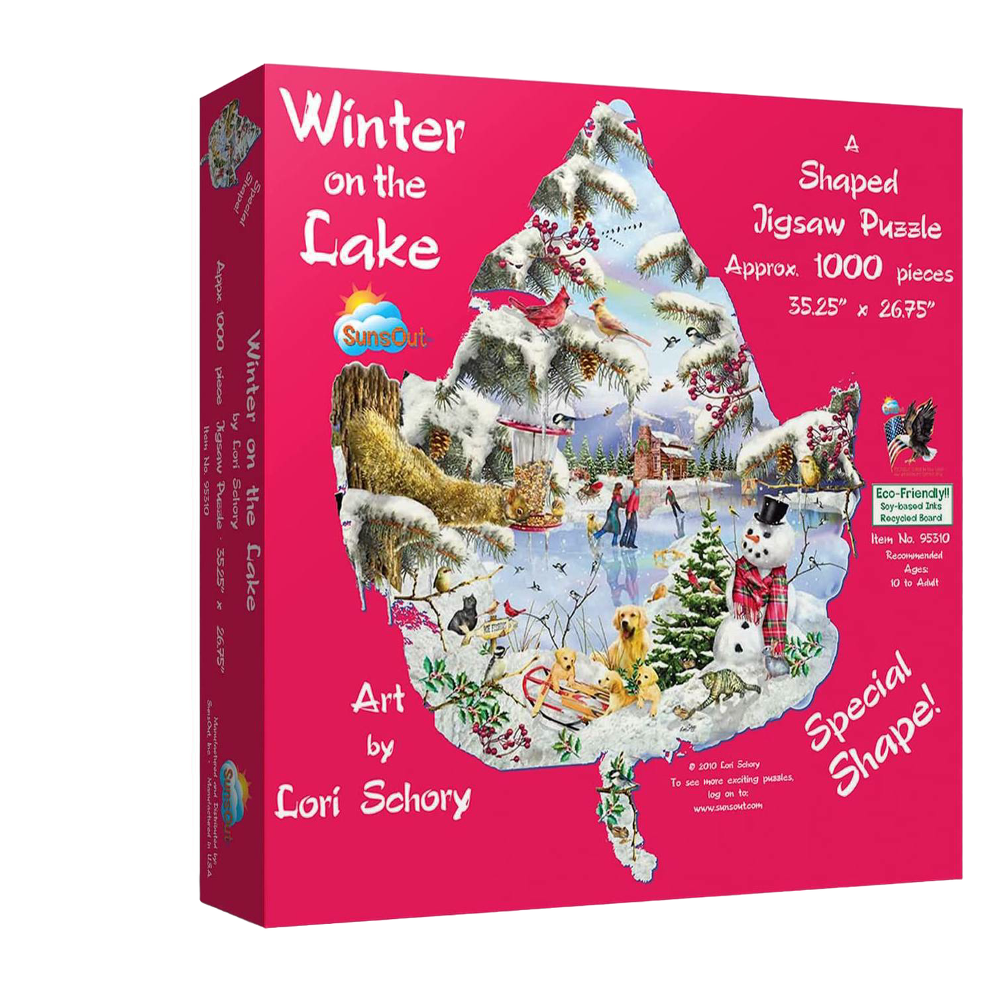 Brightly colored puzzle box featuring a handcrafted leaf-shaped jigsaw puzzle with a winter lake scene, eco-friendly materials, and recommended for ages 10 and up in USA made collections.