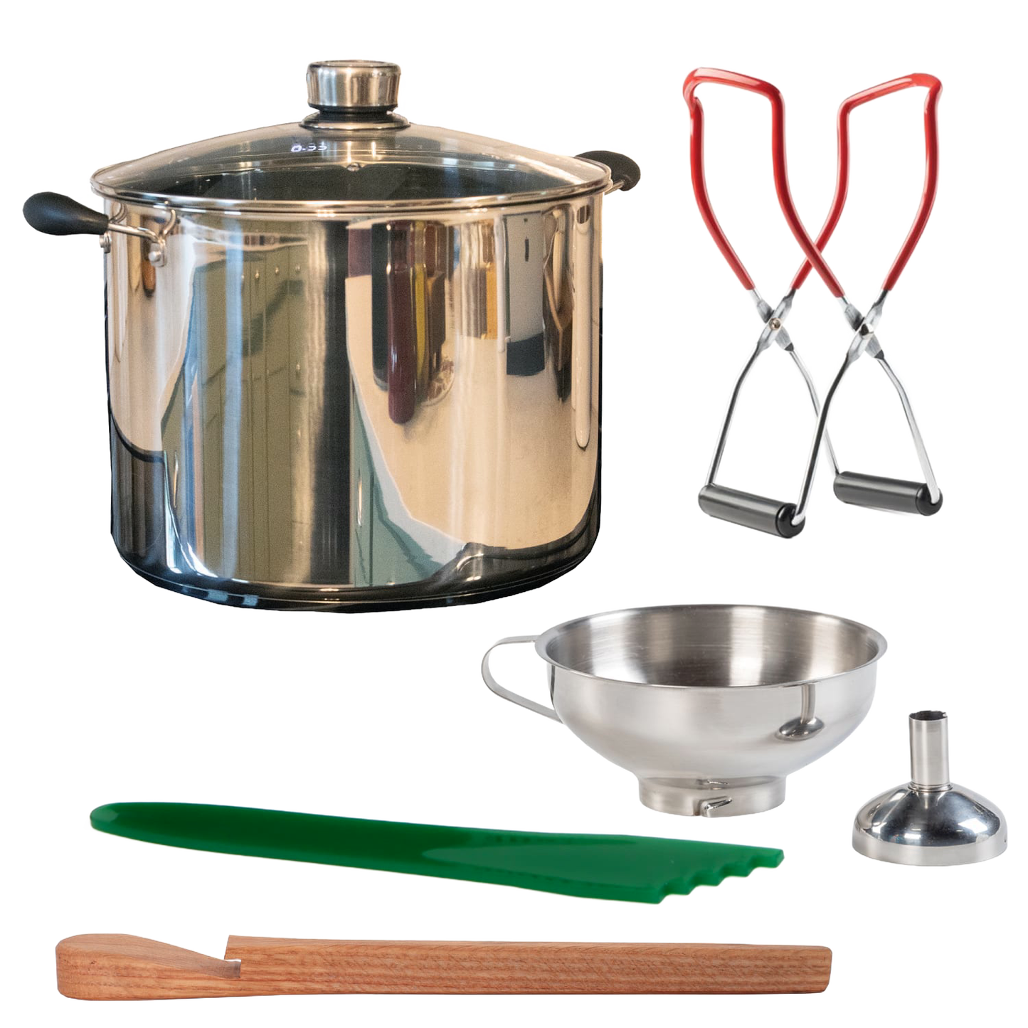 Handcrafted stainless steel water bath canner with glass lid, red-handled jar lifters, stainless steel funnel, green silicone spatula, and wooden stirring paddle in Kitchen & Food, Food Preservation, Canning collections.